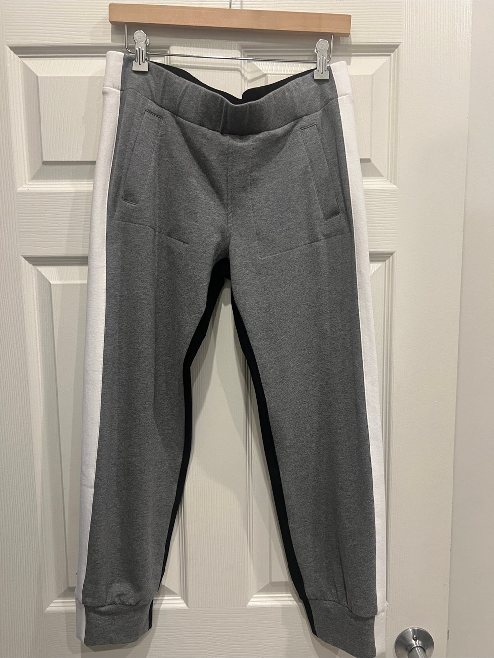 Norma Kamali Gray Track Pants with White Side Stripes